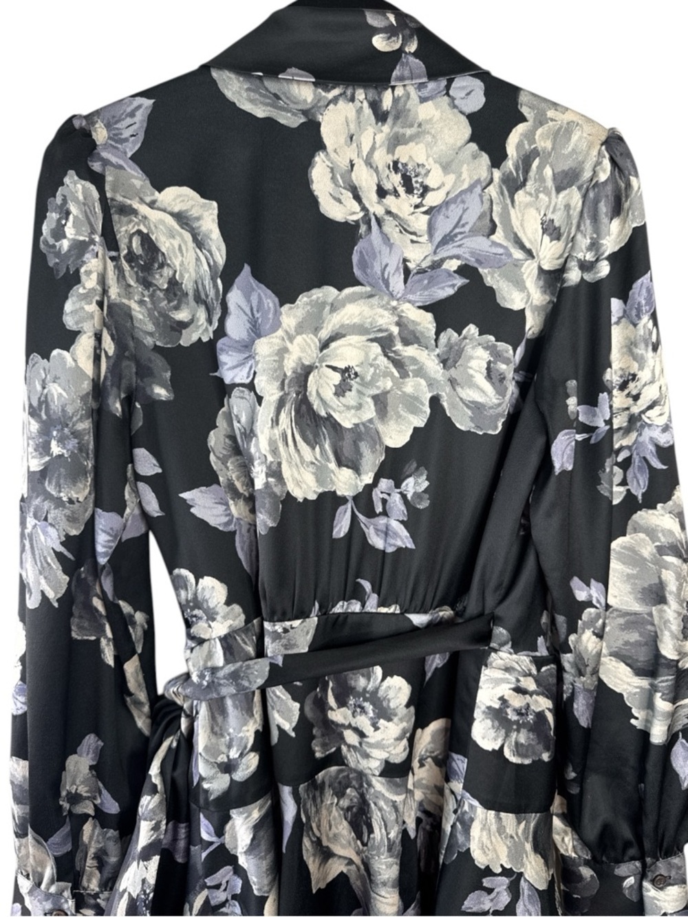MILLY Samara Satin Floral Wrap Mini Dress Black Gray Size 6 - Picture 12 of 15